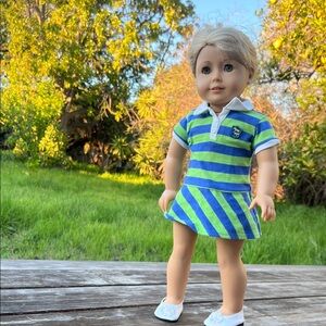 American Girl Doll in Blue and Green Striped Outfit